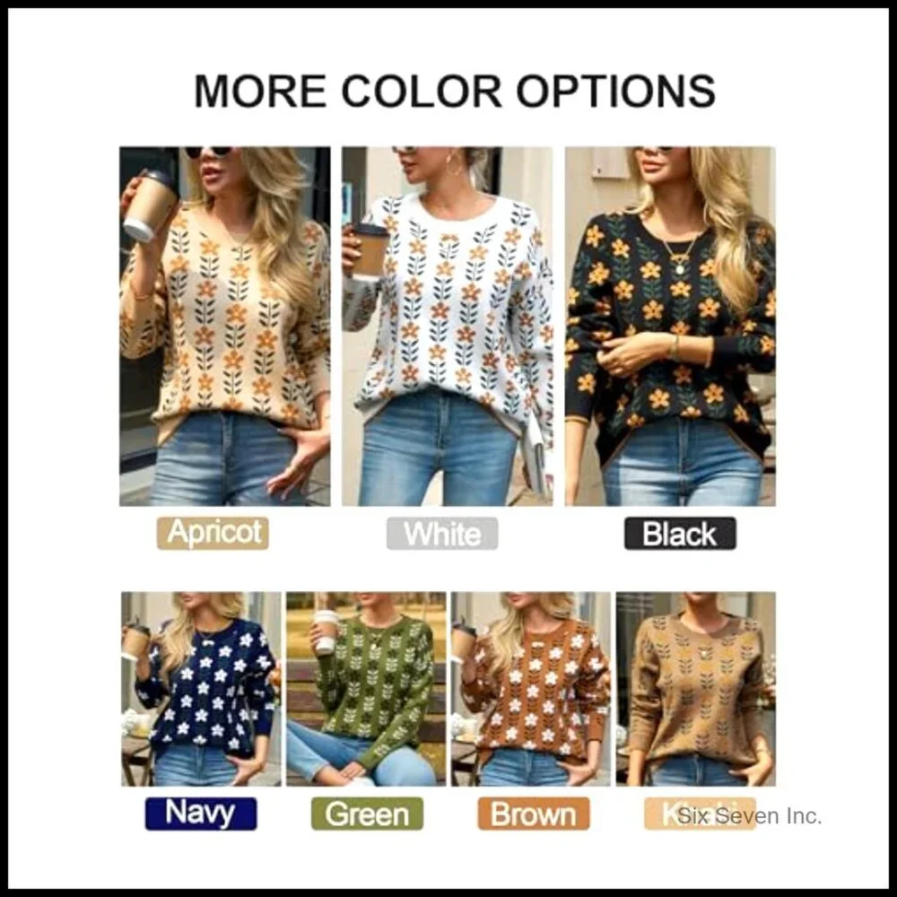 Oversized Floral Knit Pullover Chunky Crewneck Sweater Y2K Chic Casual - Picture 6 of 7